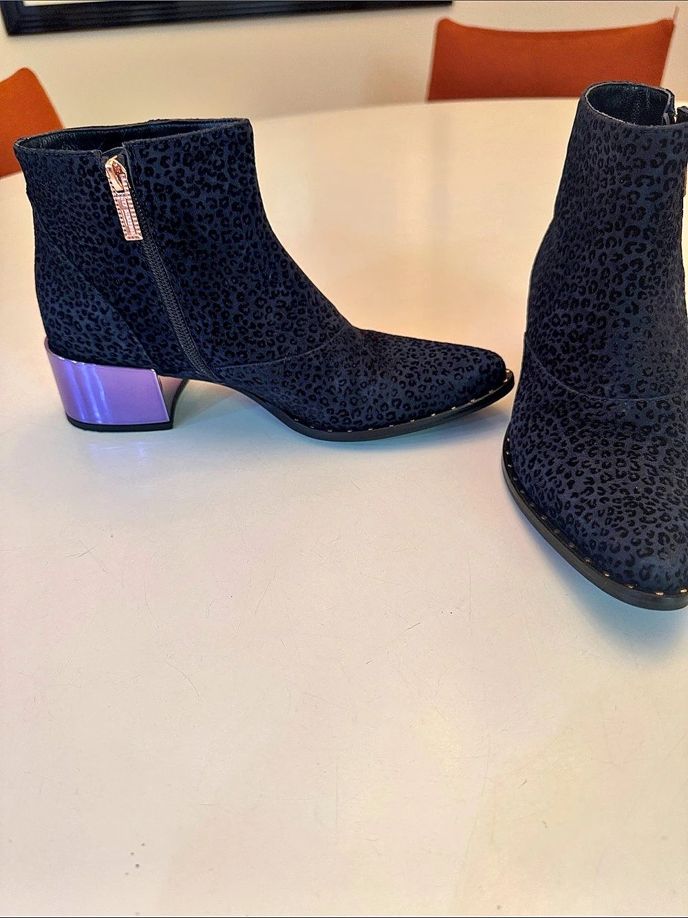 Ivy Kirzhner Leopard Ankle Boots Black & navy purple heel 38.7 7.5